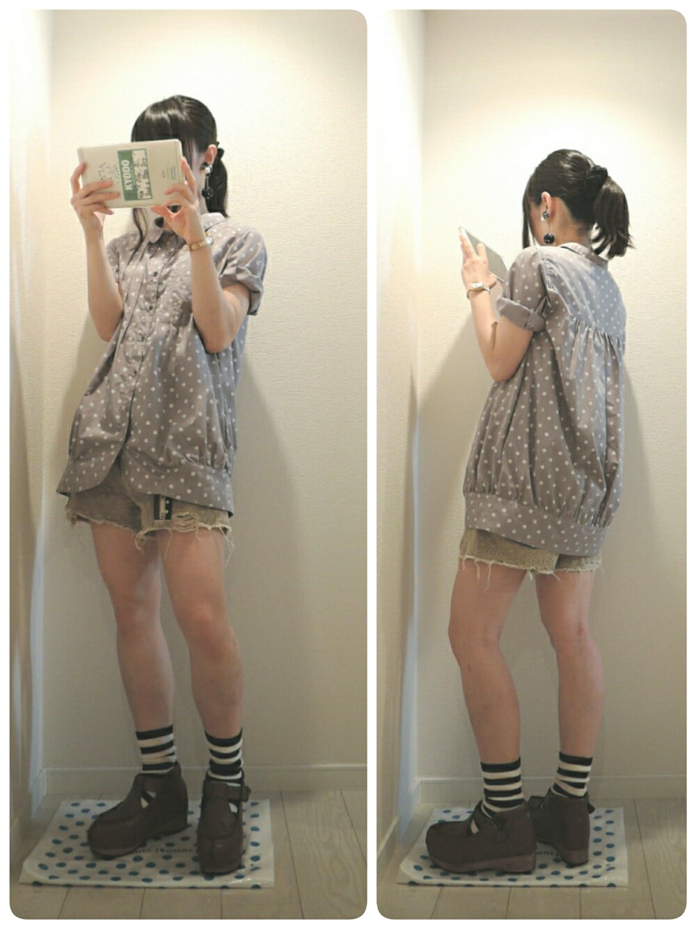 ベージュ系のその他パンツ、グレー系のシャツ/ブラウス、ブラウン系のスニーカーを着用したレディースの夏コーディネートの1枚目の写真