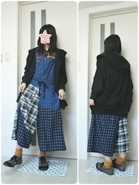 「柄×柄」｜「アイテム（その他アウター）」を使った、しぃｏさん（レディース・159cm）の秋コーディネート