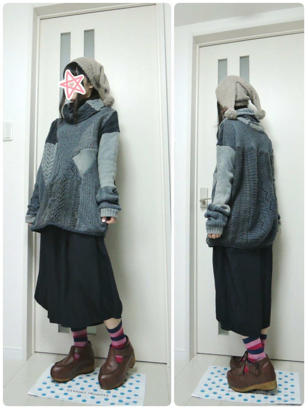 「ニット帽、ニットワンピース、パッチワーク、革靴、ガウチョパンツ、ゆるコーデ、ha | za | ma、道化師、ha/za/ma、道化師のニットキャップ」｜「FRAPBOISのルーズィ（その他パンツ、ブルー系）」を使った、しぃｏさん（レディース・159cm）の秋コーディネートの1枚目の写真