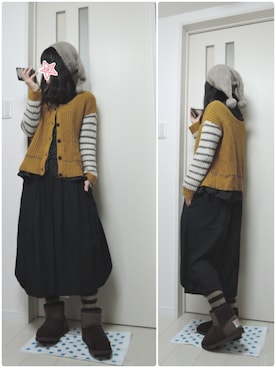 「ボーダーソックス」｜「アイテム（ニットキャップ/ビーニー）」を使った、しぃｏさん（レディース・159cm）の冬コーディネート