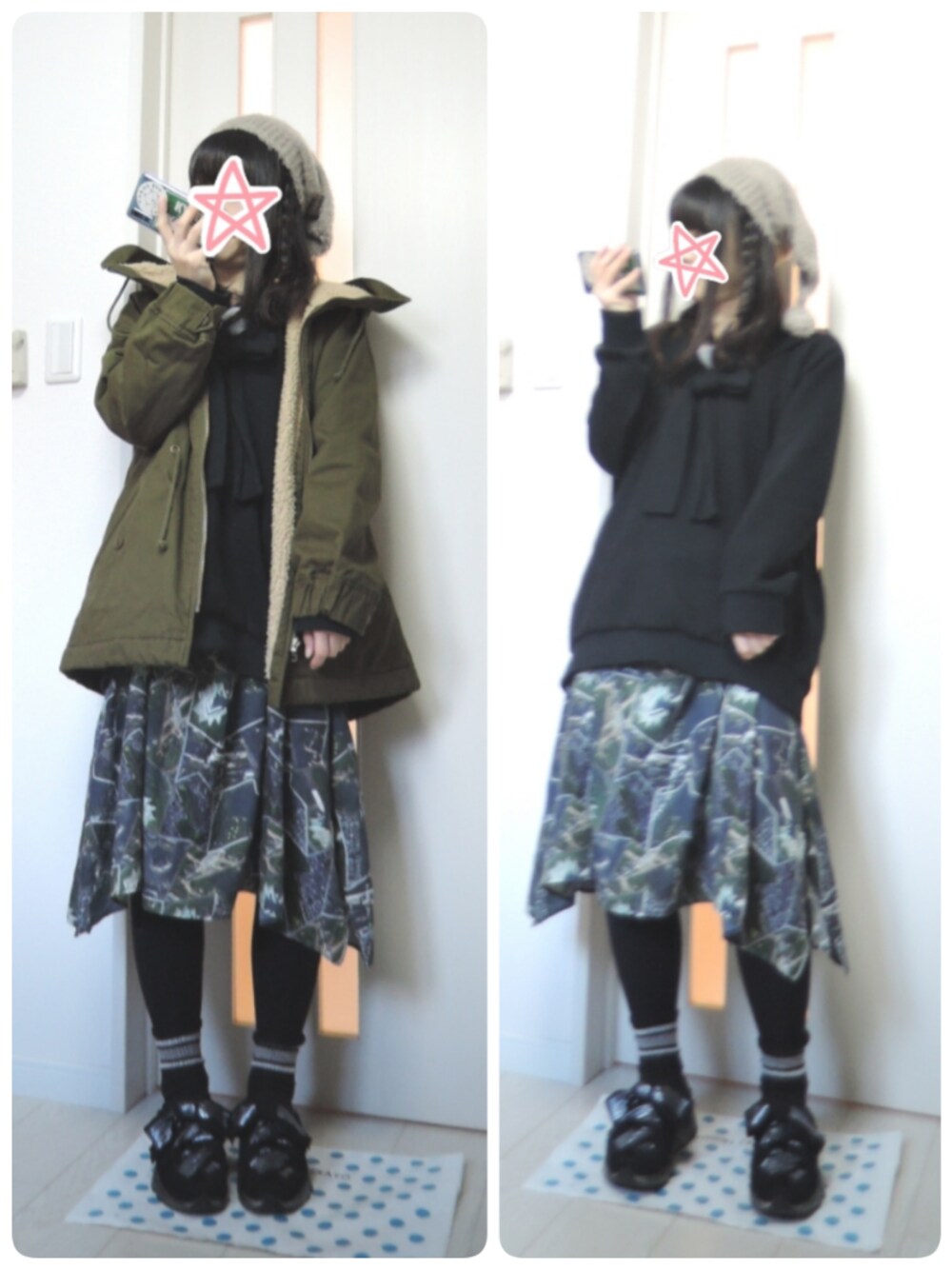 「モッズコート、ニットキャップ、リバーシブル、ゆるコーデ、ha | za | ma、地球柄、大人に向けたセーラー服、ha/za/ma、道化師のニットキャップ」｜「FRAPBOISのショートモッズリバー（モッズコート、グリーン系）」を使った、しぃｏさん（レディース・159cm）の冬コーディネートの1枚目の写真