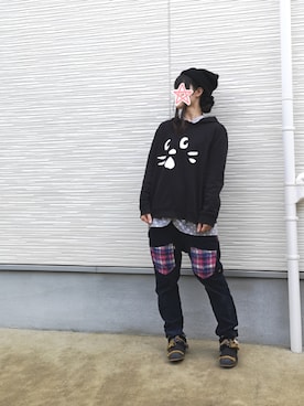 「にゃー」｜「アイテム（ニットキャップ/ビーニー）」を使った、しぃｏさん（レディース・159cm）の冬コーディネート