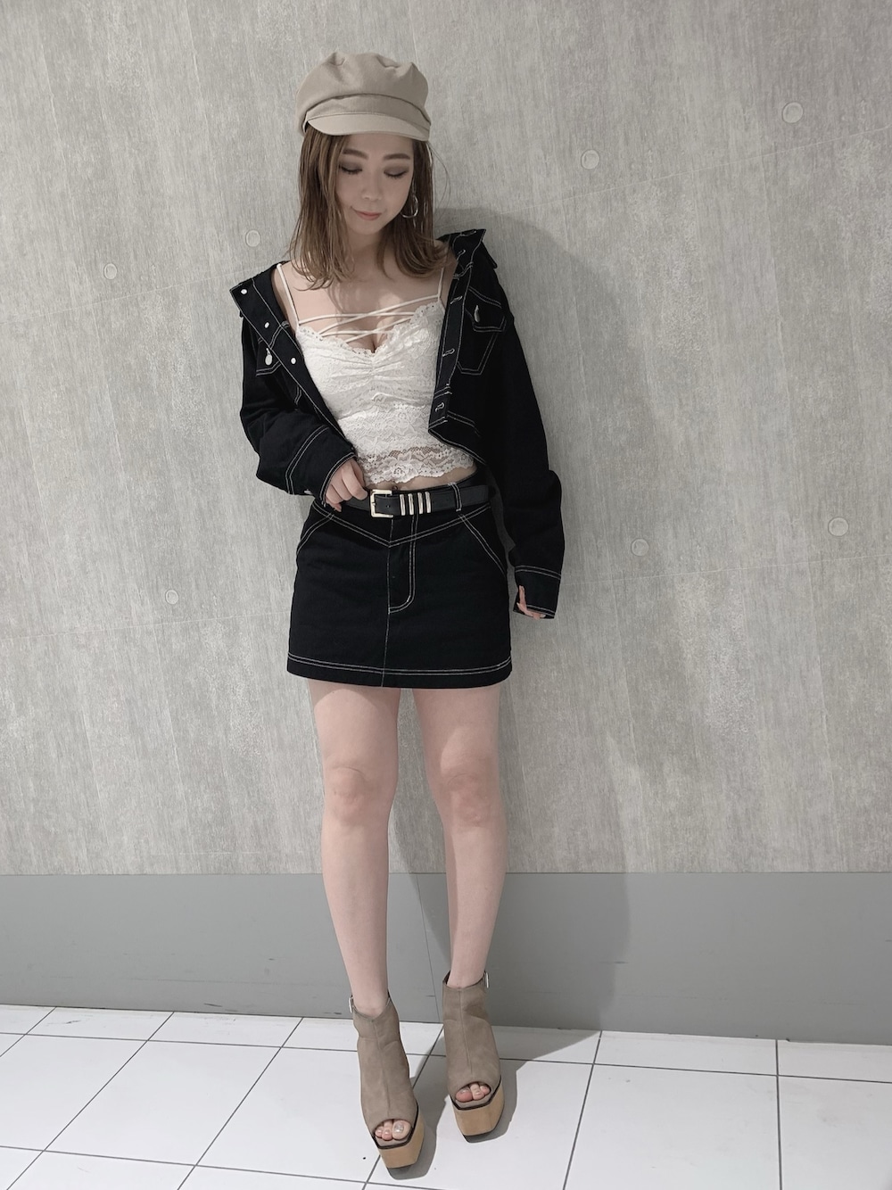 「ENVYM、envym_staff、ENVYMコーデ、envym_hiroshima、セットアップ、春コーデ」｜「ENVYMのステッチＦＳＫ（スカート、ブラック系）」を使った、ENVYM_ERIKAさん（レディース・160cm）の春コーディネートの1枚目の写真