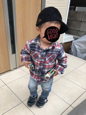 「COMME CA DU MODE（コムサデモード）のアイテム（帽子）」を使った、puchiさん（キッズ・70cm）の春コーディネート