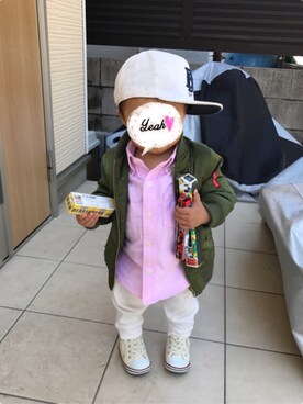「H&M（エイチ・アンド・エム）のアイテム（帽子、ホワイト系）」を使った、puchiさん（キッズ・70cm）の春コーディネート