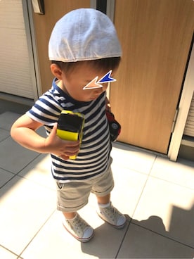 「H&M（エイチ・アンド・エム）のアイテム（帽子、ホワイト系）」を使った、puchiさん（キッズ・70cm）の春コーディネート