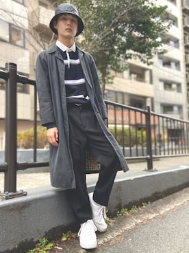 「ラガーシャツ」｜「アイテム（スラックス）」を使った、山根 広大さん（メンズ・176cm）の冬コーディネート