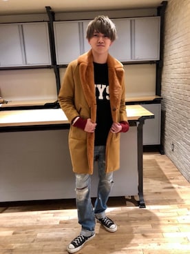 「HYSTERIC GLAMOUR（ヒステリックグラマー）のアイテム（ムートンコート）」を使った、久米田 直樹さん（メンズ・184cm）の秋コーディネート
