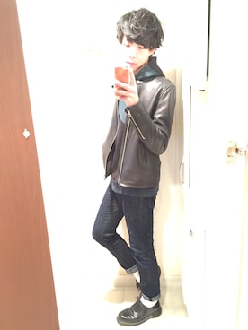 「リジッドデニム」｜「アイテム（ライダースジャケット）」を使った、Ryuさん（メンズ・173cm）の春コーディネート