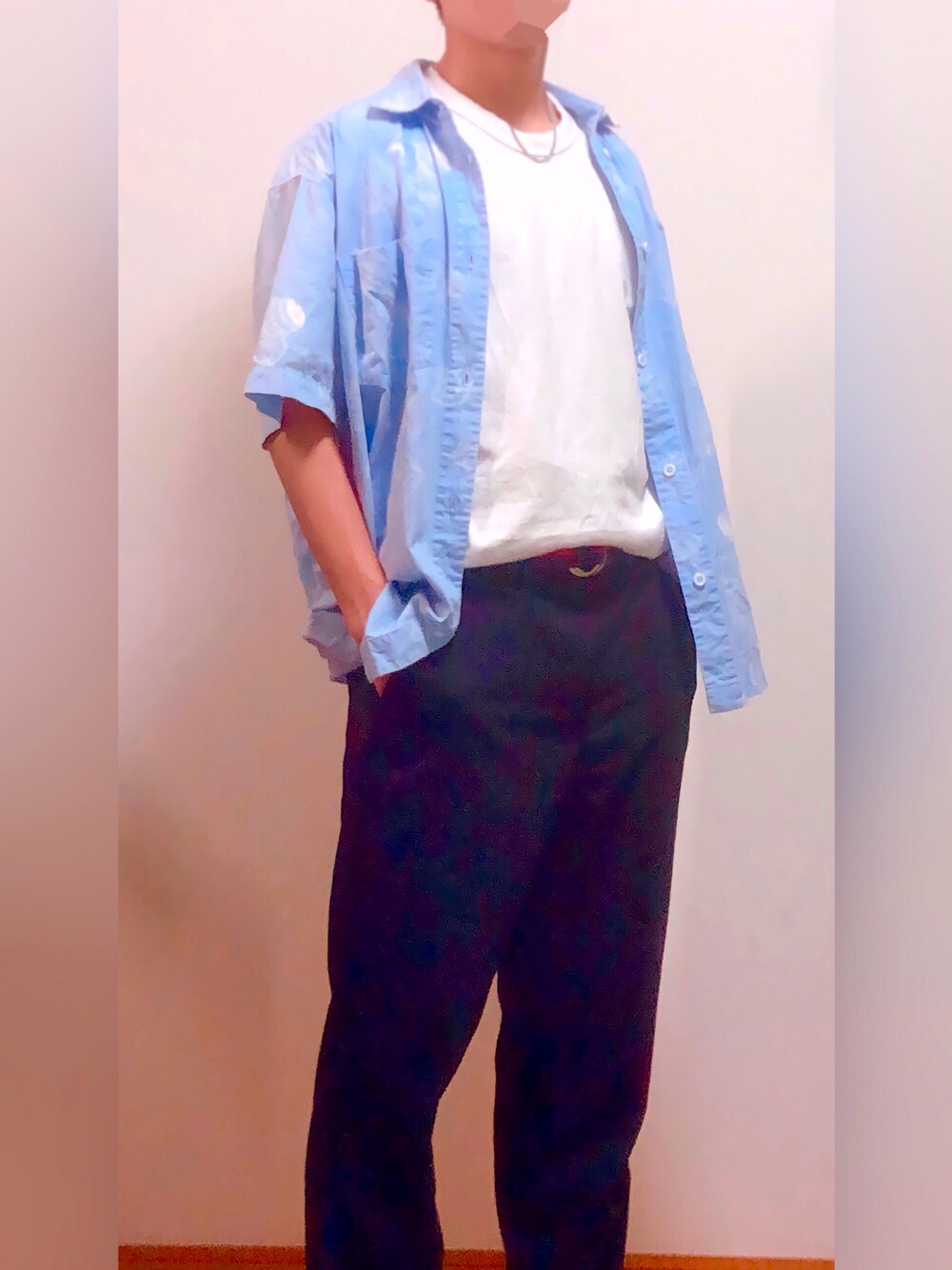 「STUSSY、GU、シャツスタイル、古着、古着MIX、チェーンネックレス、高校生、夏コーデ、半袖シャツ、低身長」｜「STUSSYのアイテム（シャツ/ブラウス、ブルー系）」を使った、sorasky1025さん（メンズ・164cm）の春コーディネートの1枚目の写真