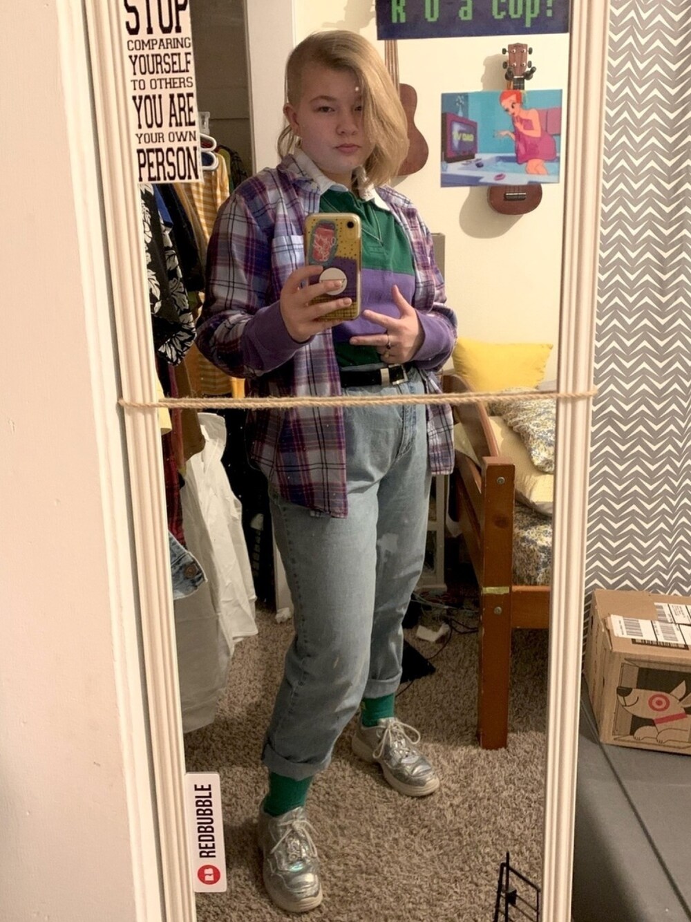 「VINTAGE、90’s、collared、wild fable、target、targetstyle、Rings、school、purple、green」｜「Wild fableの7/10（スニーカー、シルバー系）」を使った、gibsofyesterさん（レディース・160cm）の冬コーディネートの1枚目の写真