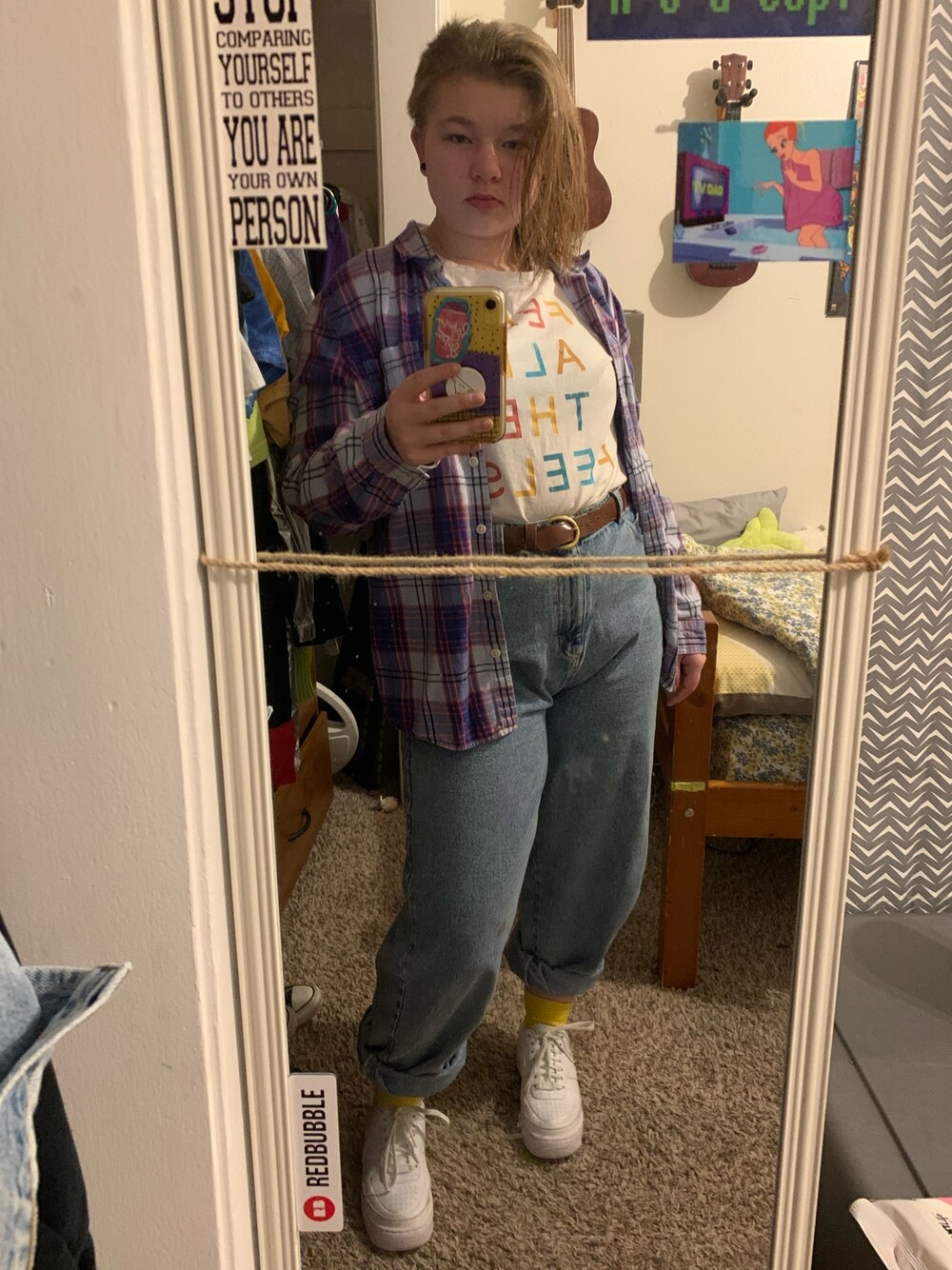 「school、NIKE、NIKE AIR FORCE、flannel、momjeans、highwaisted 、minga london、wethair、belt、jeans」｜「NIKEのナイキ エアフォース 1 ジェスター XX ウィメンズシューズ / NIKE AF1 JESTER XX / 厚底スニーカー（スニーカー、ホワイト系）」を使った、gibsofyesterさん（レディース・160cm）の春コーディネートの1枚目の写真