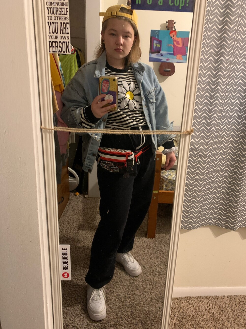 「denim jacket、NIKE、NIKE AIR FORCE、Levi's、minga london、tv dad、stripes、hat、skater、sweatpants」｜「NIKEのナイキ エアフォース 1 ジェスター XX ウィメンズシューズ / NIKE AF1 JESTER XX / 厚底スニーカー（スニーカー、ホワイト系）」を使った、gibsofyesterさん（レディース・160cm）の春コーディネートの1枚目の写真