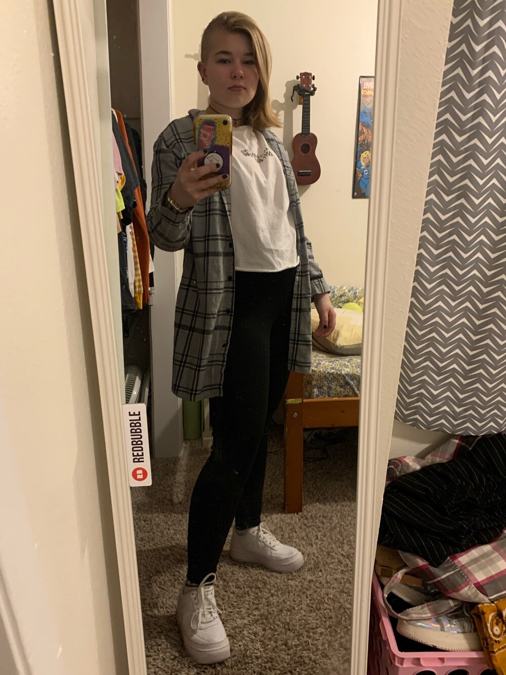 「working style、work、NIKE、NIKE AIR FORCE、leggings、FOREVER 21、FOREVER21、flannel、plaid、choker」｜「NIKEのナイキ エアフォース 1 ジェスター XX ウィメンズシューズ / NIKE AF1 JESTER XX / 厚底スニーカー（スニーカー、ホワイト系）」を使った、gibsofyesterさん（レディース・160cm）の春コーディネートの1枚目の写真