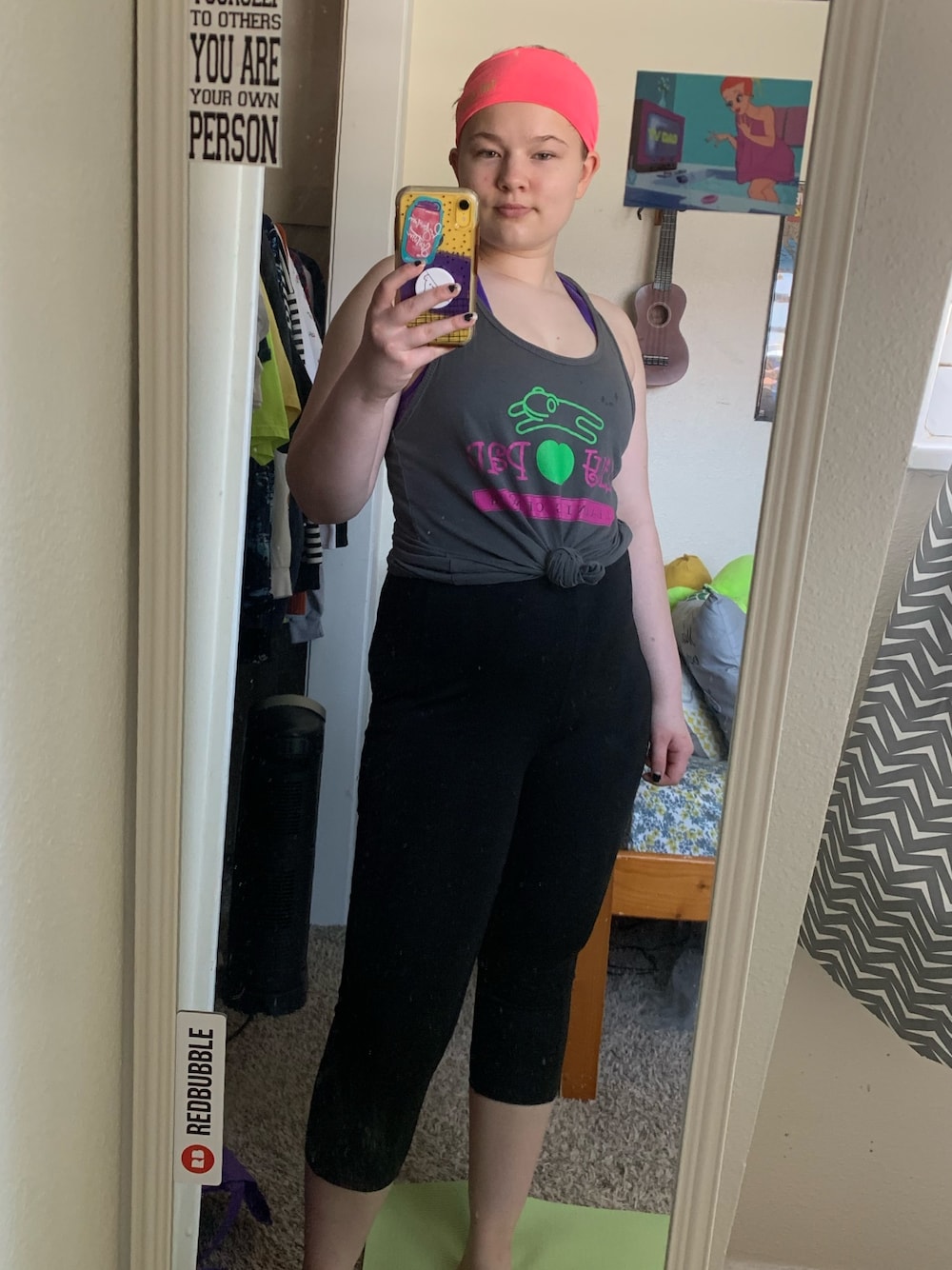 「workout、fitness、popfit、leggings、tank top、headband、cropped、tied up、quarantine、stayhome」｜「Popfitのアイテム（レギンス/スパッツ、ブラック系）」を使った、gibsofyesterさん（レディース・160cm）の春コーディネートの1枚目の写真