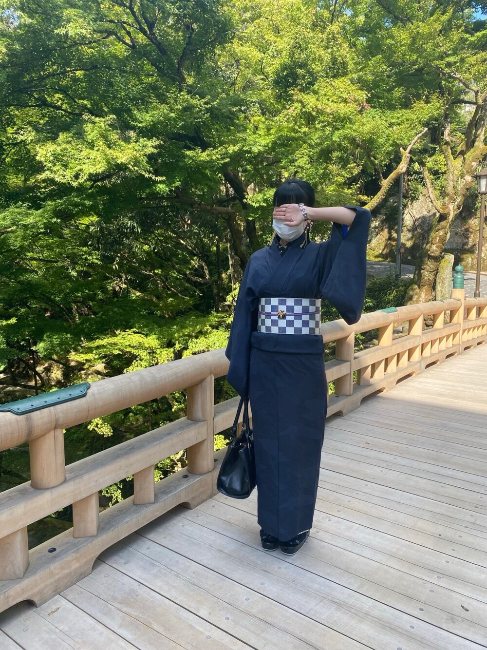 「着物、ランチ、お散歩」｜「no brandの半幅帯（博多織）（和装小物、ブルー系）」を使った、さかなせんせいさん（レディース・161cm）の秋コーディネートの1枚目の写真