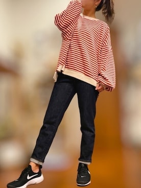 「ZOZO（ゾゾ）のスリムテーパードデニムパンツ［WOMEN］（デニムパンツ）」を使った、めんたい子さん（レディース・156cm）の秋コーディネート