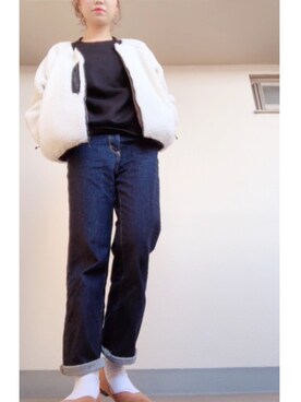 「GU（ジーユー）のアイテム（パーカー、ブラック系）」を使った、45さん（レディース）の冬コーディネート