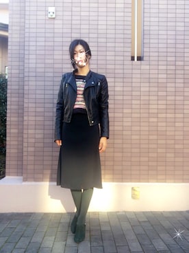 「黒ワンピ」｜「アイテム（ライダースジャケット）」を使った、LLさん（レディース・162cm）の冬コーディネート