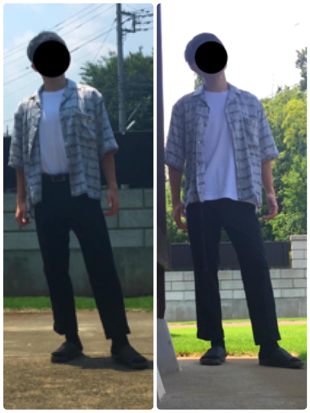 「開襟シャツ、オープンカラー、サンダル、タックイン」｜「HAREのガラカイキンシャツ（HARE)（シャツ/ブラウス、ホワイト系）」を使った、Kazugoriさん（メンズ・171cm）の夏コーディネートの1枚目の写真