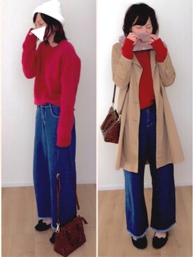 「切りっぱなしデニム」｜「アイテム（トレンチコート）」を使った、ます。さん（レディース・164cm）の冬コーディネート