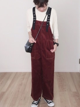 「ワッフルクルーネックＴ」｜「アイテム（オールインワン・サロペット）」を使った、ます。さん（レディース・164cm）の秋コーディネート