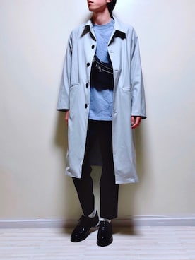 「部屋撮り」｜「アイテム（ステンカラーコート）」を使った、おちゃさん（メンズ・172cm）の春コーディネート