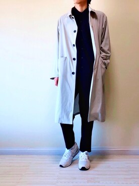 「部屋撮り」｜「アイテム（ステンカラーコート）」を使った、おちゃさん（メンズ・172cm）の春コーディネート