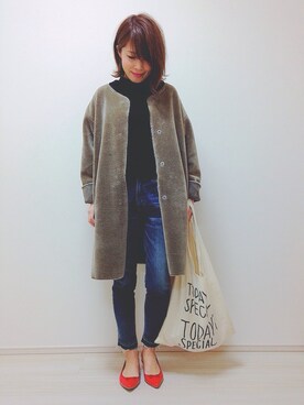 「TODAY'S SPECIAL（トゥデイズスペシャル）のMARCHE BAG/マルシェバッグ（エコバッグ/サブバッグ）」を使った、Y u k a ☺︎さん（レディース・160cm）の冬コーディネート