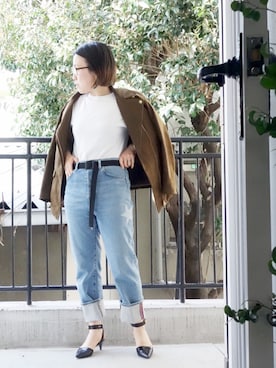 「アイテム（ライダースジャケット）」を使った、水無川ミワさん（レディース・156cm・40代）の春コーディネート