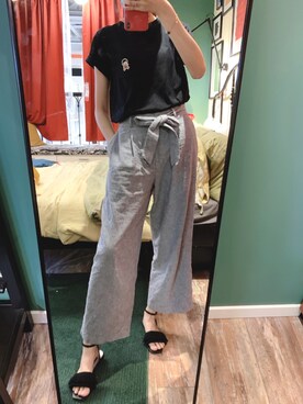 「UNIQLO（ユニクロ）のベルテッドリネンコットンワイドストレートパンツ(丈標準66～68cm）（その他パンツ）」を使った、bo♡さん（レディース・170cm）の夏コーディネート