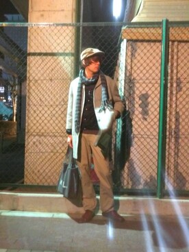 「ＭＨＬのＭＨＬ（トートバッグ、グレー系）」を使った、なおっきーさん（メンズ・185cm）の冬コーディネート