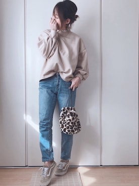 「ZOZO（ゾゾ）のスリムテーパードデニムパンツ［WOMEN］（デニムパンツ）」を使った、♥︎ 𝕃𝕆𝕍𝔼 ♥︎さん（レディース・163cm）の冬コーディネート