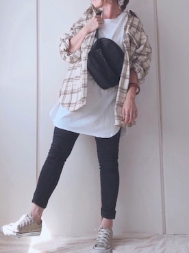 「Aunt Marie's（アントマリーズ）のチェックCPOビッグシャツ / AUNT MARIE'S × WEARISTA YUKI（シャツ/ブラウス）」を使った、♥︎ 𝕃𝕆𝕍𝔼 ♥︎さん（レディース・163cm）の秋コーディネート