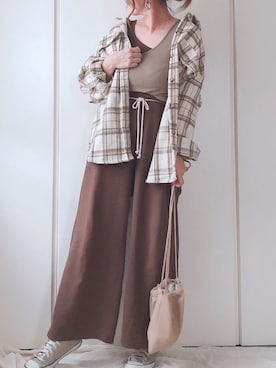 「Aunt Marie's（アントマリーズ）のチェックCPOビッグシャツ / AUNT MARIE'S × WEARISTA YUKI（シャツ/ブラウス）」を使った、♥︎ 𝕃𝕆𝕍𝔼 ♥︎さん（レディース・163cm）の秋コーディネート