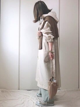 「巾着バッグ」｜「アイテム（ナイロンジャケット）」を使った、♥︎ 𝕃𝕆𝕍𝔼 ♥︎さん（レディース・163cm）の春コーディネート