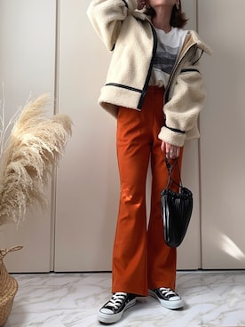 「巾着バッグ」｜「アイテム（ムートンコート）」を使った、♥︎ 𝕃𝕆𝕍𝔼 ♥︎さん（レディース・163cm）の秋コーディネート