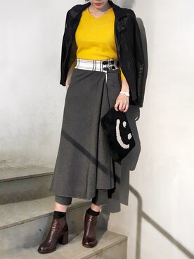 「yellow」｜「アイテム（ライダースジャケット）」を使った、ayanoさん（レディース・171cm）の秋コーディネート