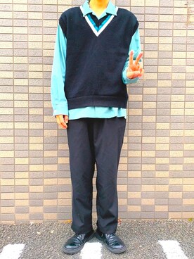 「GU（ジーユー）のアイテム（スラックス、ブラック系）」を使った、ポパイさん（メンズ・167cm）の冬コーディネート