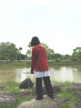 「BAONのアイテム（Tシャツ/カットソー、レッド系）」を使った、Zoe/肉伊さん（レディース・157cm）の春コーディネート