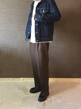 「スラックスパンツ」｜「アイテム（デニムジャケット）」を使った、Taka 相互します🙌さん（メンズ・170cm）の春コーディネート