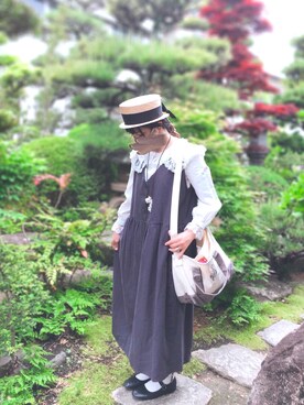 「カンカン帽」｜「アイテム（ジャンパースカート）」を使った、ちゅむさん（レディース・160cm）の春コーディネート