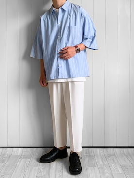 「BEAMS（ビームス）のBEAMS / ルーズ ショート ミニレギュラー シャツ（シャツ/ブラウス、ブルー系）」を使った、keiichiroさん（メンズ・168cm）の夏コーディネート