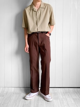 「UNIQLO（ユニクロ）のオープンカラーシャツ（半袖）（シャツ/ブラウス、ベージュ系）」を使った、keiichiroさん（メンズ・168cm）の夏コーディネート