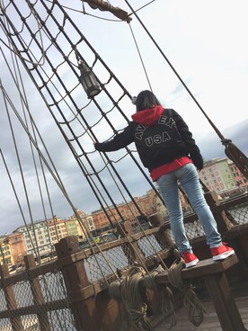 「PUMA」｜「アイテム（MA-1）」を使った、なこさん（レディース・157cm）の冬コーディネート