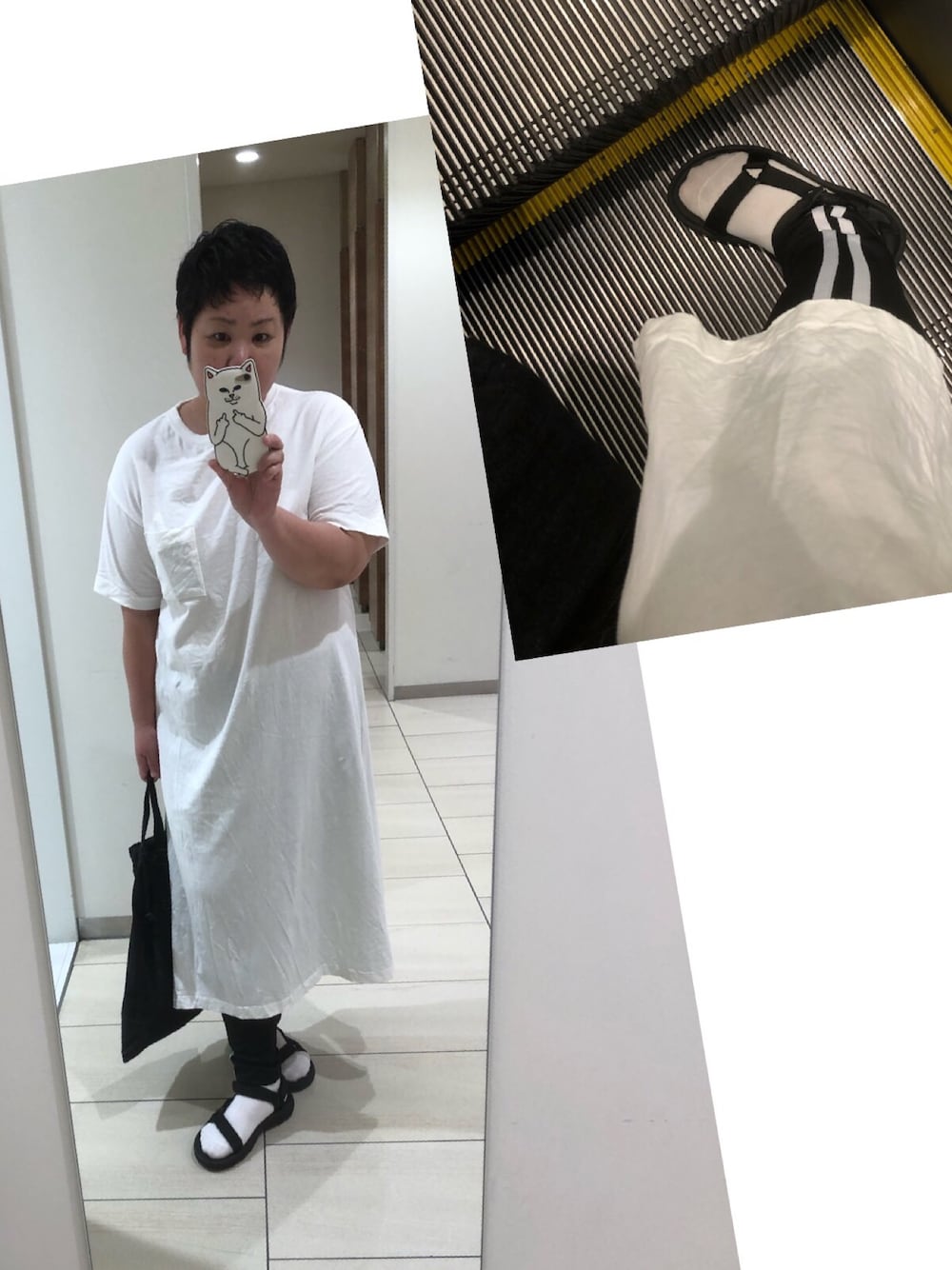 「Tシャツワンピ、ラインパンツ、ラインレギンス、靴下 × サンダル、カジュアルコーデ」｜「PUNYUSの２ライン裏起毛レギンス（レギンス/スパッツ、ブラック系）」を使った、すーさんＤＸさん（レディース・160cm）の夏コーディネートの1枚目の写真