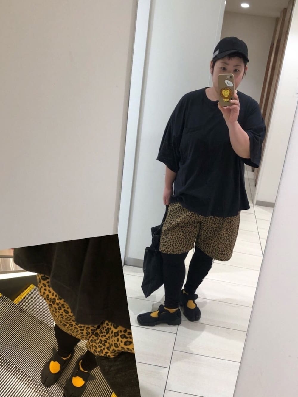 「ショートパンツ、レギンス、レギンス×ショートパンツ、レオパード、キャップ、エアリフト、ビッグシルエット、メンズライク」｜「BASQUE magentaの【BASQUE -enthusiastic design-】BIGポケットスーパーオーバーサイズドロップショルダーTシャツ（Tシャツ/カットソー、ブラック系）」を使った、すーさんＤＸさん（レディース・160cm）の夏コーディネートの1枚目の写真