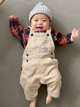 「アイテム（ロンパース、レッド系）」を使った、arinkoさん（キッズ・70cm）の冬コーディネート