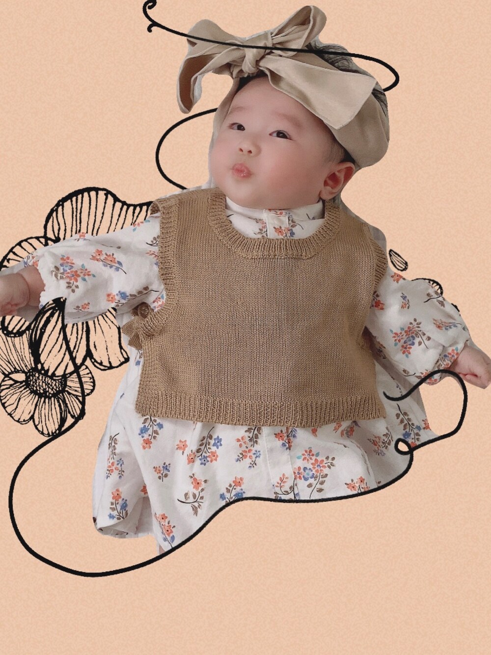 「ベビーコーデ、ベビー、ベビーファッション、赤ちゃん、赤ちゃんコーデ、子供服、キッズコーデ、キッズファッション」｜「petit mainのバックリボンヘアターバン（ヘアバンド、ベージュ系）」を使った、li.lian.Dさん（キッズ・70cm）の冬コーディネートの1枚目の写真