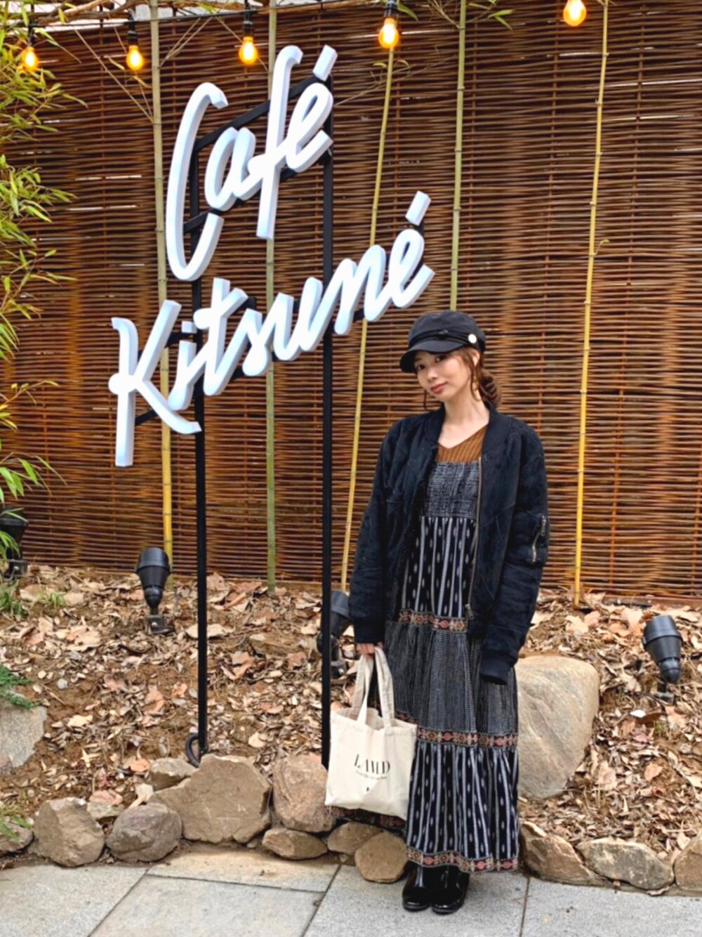 「LAYMEE、ZARA、キャスケット」｜「LAYMEEのMonterrey mouton MA-1（MA-1、ブラック系）」を使った、ＭＩＣＨＩＲＵさん（レディース・162cm）の春コーディネートの1枚目の写真